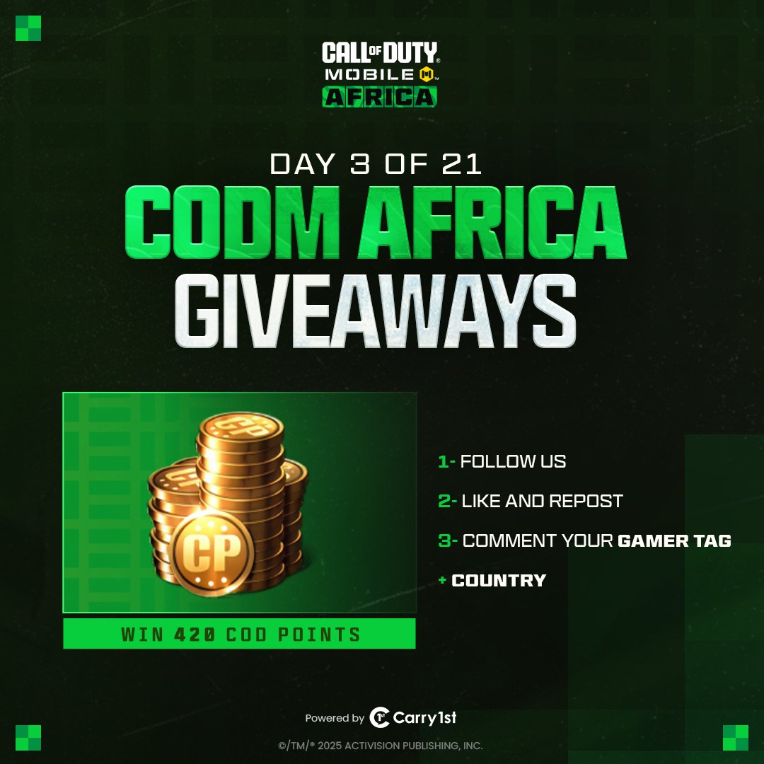 Day 3 of 21 Days of Epic Wins🔥

We’re keeping it moving.
420 COD Points up for grabs today.

To enter:
Follow the page
Like and share this post
Drop your country flag + Gamer Tag in the comments

Goodluck everyone!

#codm #callofdutymobile #codmafrica