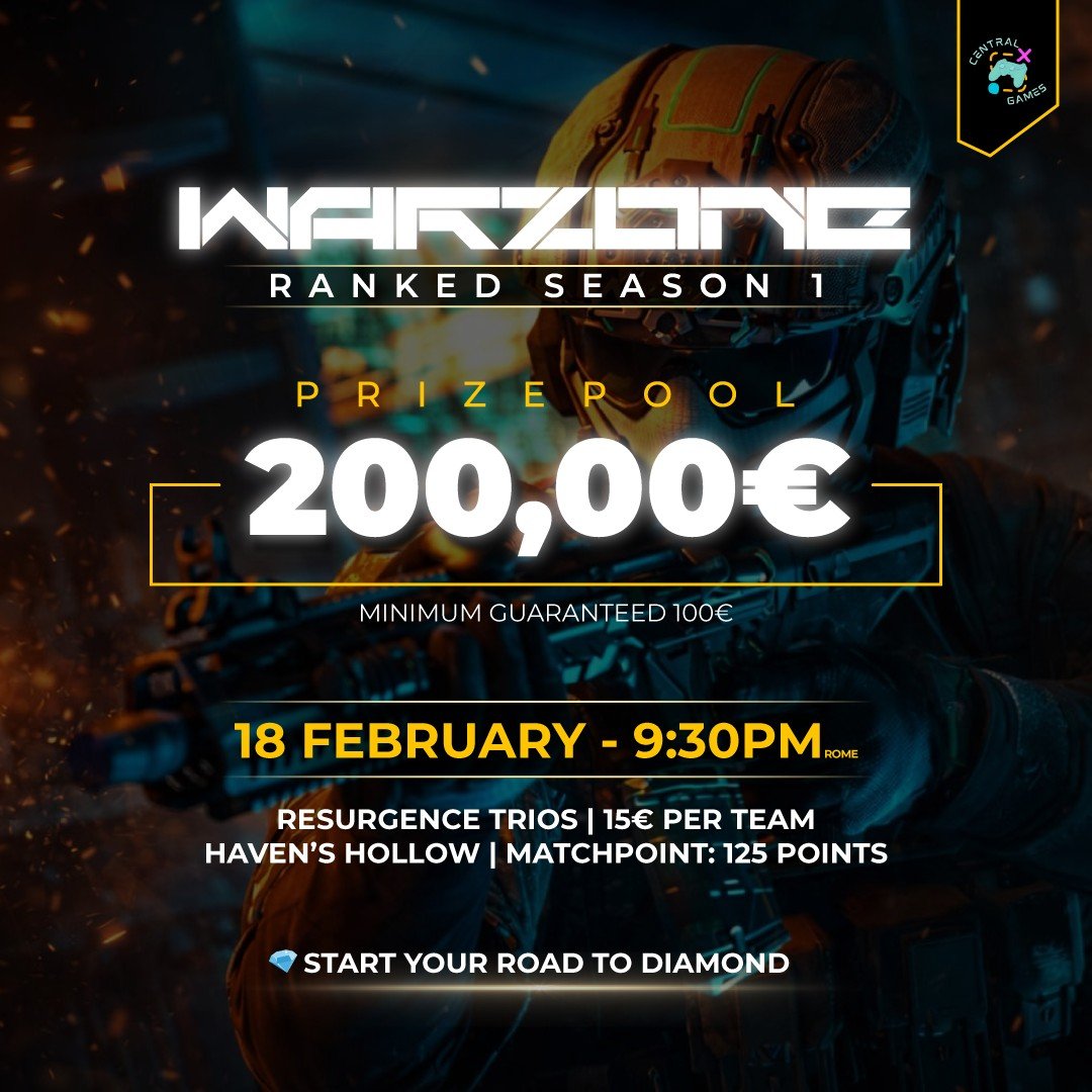 🏆 Ranked Season 1 – points count for the Global Leaderboard

📝 Registration: €15 per team  
📅 Wednesday 18  
⏰ 09:30pm (Rome Time) 
💸 Prizepool: €200  
📍 Match Point: 125

💬 Comment “SPOT” for the discord link

#centralgames #warzone #bo7 #BlackOps7 #WRS #EWC