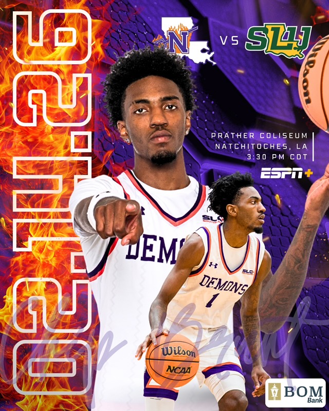 NSUDemonsMBB's tweet image. Demons take on a pride of Lions  
🆚 Southeastern 
🕞  3:30 P.M. 
📍 Natchitoches, La.
 🏟️Prather Coliseum 
📊 bit.ly/3ZCSJKN
📺 bit.ly/4rTjDKx

#ForkEm x #DemonTime