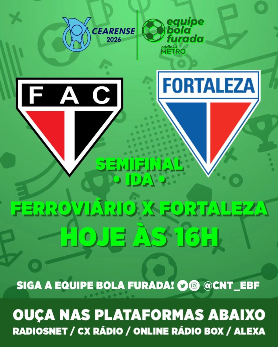 E NA RÁDIO METRÓ TEM A SEMIFINAL DO CAMPEONATO CEARENSE!

Às 16h a bola vai rolar no jogo de ida entre Ferroviário x Fortaleza! Vai perder?

Quer participar da transmissão? Interaja no X (Twitter) com a hashtag #CearenseNaMetró!