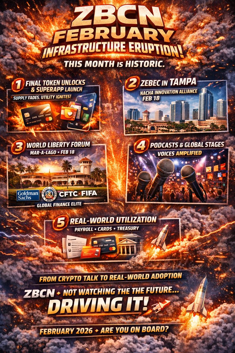 CaptainZackZBCN's tweet photo. 🏴‍☠️#ZBCN Pirates This Month Is Historic. February 2026 isn’t just a quarter-month it’s the convergence of real-world finance, global stage exposure, and tangible adoption for ZBCN that moves needles off charts.

🚀 1️⃣ ZBCN FINAL TOKEN UNLOCKS & SUPERAPP MOMENT
The last significant vesting event is wrapping up as ZBCN transitions from supply overhang to utility-driven demand. The focus shifts to real usage payroll streaming, cards, wallets, and treasury activity not just speculation. This structural pivot is massive for narrative and fundamentals.  

🔥 Unlocks fade – real-@worldlibertyfi utility ignites.

📍 2️⃣ ZBCN IN TAMPA Innovation Meets Real Connections
Zebec is representing at the @NachaOnline Innovation Alliance meeting in Tampa on Feb 18, diving deep into payments innovation & real-world rails alongside industry leaders. This isn’t a meetup it’s networking, partnerships, and ecosystem positioning.
Real rails. Real relationships. Real revenue potential.🔗

📡 3️⃣ WORLD LIBERTY FORUM MAR-A-LAGO, FEB 18
On the same powerhouse day, ZBCN’s orbit intersects with major global finance players at the World Liberty Forum where finance, tech, policy, and digital assets converge. This is institutional signal territory ecosystems, regulators, legacy banks, and innovators in the same room.  

🔥When the world’s financial elite speaks, markets listen.

🎙 4️⃣ PODCASTS & GLOBAL STAGES Voices Amplified
ZBCN’s team isn’t quiet they’re on top podcasts, X Spaces, and panel stages pushing real narratives beyond crypto echo chambers. Visibility + credibility = expanded audience + increased institutional interest.  

📈 5️⃣ SHIFT TO REAL-WORLD UTILIZATION
The narrative is no longer when it’s “how big?” Payroll, cards, wallets, SDKs, APIs, and real adoption vectors now take center stage. This is the beginning of a demand flywheel.  

🔥 EXPLOSIVE TAKEAWAYS
⚡ Final unlocks fading = supply pressure dissolving
⚡ Tampa presence = payments innovation + network growth
⚡ World Liberty Forum = global signal + institutional alignment
⚡ Public stages = narrative reach + credibility
⚡ Utility shift = adoption, not speculation

🌊 THIS ISN’T FOMO. IT’S A FUNDAMENTAL SHIFT.
ZBCN’s February isn’t a list of events it’s a wave of real momentum that bridges crypto infrastructure with real-world finance adoption. This is where utility transforms narrative into execution.

ZBCN — NOT WATCHING THE FUTURE… ITS DRIVING IT. 💣

🔥 WHO’S ON BOARD?
Let’s blast this across X/Twitter and tell the world why February 2026 belongs to ZBCN. 🚀