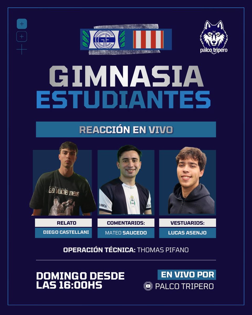 #GELP #CGE #GELP #CGE SE VIENE EL CLÁSICO🐺
Este domingo desde las 16:00 hs vivimos la previa y transmisión en vivo de Gimnasia
Estudiantes por Palco Tripero.
Relato: Diego Castellani
Comentarios: Mateo Saucedo
Vestuarios: Lucas Asenjo
Operación técnica: Thomas Pifano
¡Súmate!