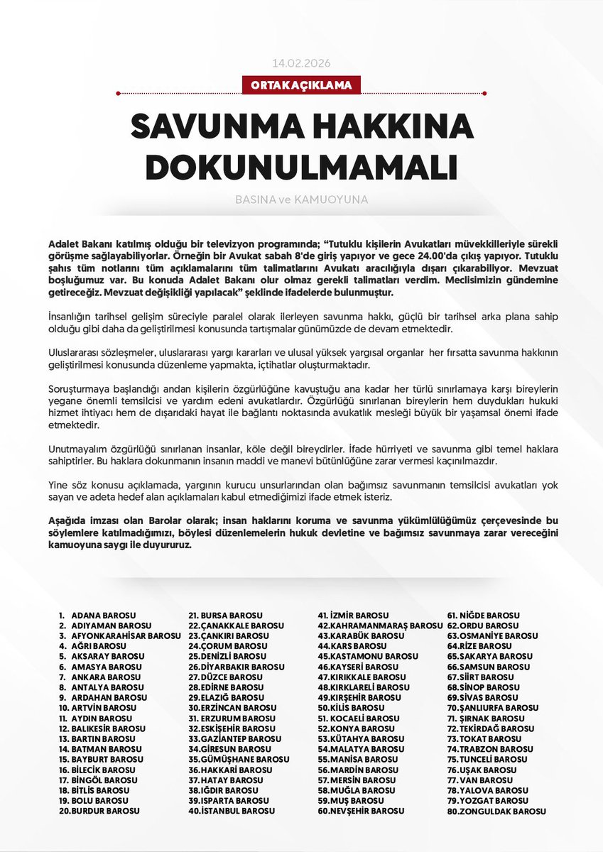 AvukatHG's tweet photo. SAVUNMA HAKKINA DOKUNULMAMALI
Barolar Adalet Bakanı'nın savunma hakkına sorunlu bakışına karşı ortak açıklama yayımladı:

Aşağıda imzası olan barolar olarak;
Yargının kurucu unsurlarından olan bağımsız savunmanın temsilcisi avukatları yok sayan ve adeta hedef alan açıklamaları kabul etmediğimizi,
insan haklarını koruma ve savunma yükümlülüğümüz çerçevesinde bu söylemlere katılmadığımızı,
böylesi düzenlemelerin hukuk devletine ve bağımsız savunmaya zarar vereceğini kamuoyuna saygı ile duyururuz.