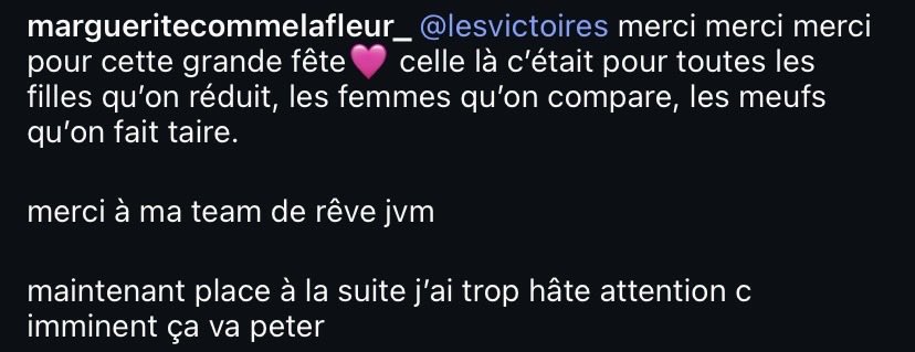 Marguerite : « C’était pour toutes les filles qu’on réduit, les femmes qu’on compare, les meufs qu’on fait taire. » #Victoires2026

Place à la suite maintenant 🍽️