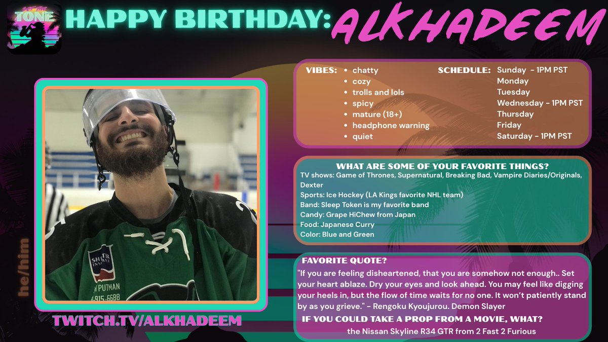 Big Happy Birthday to the Tone Setter and Homie, Alkhadeem!  On top of being an incredibly kind and funny person, hes known to flexing his skills in Hunt and OSRS.  Please follow and check out his Twitch channel!  Hes live right now playing PEAK with the homies!
