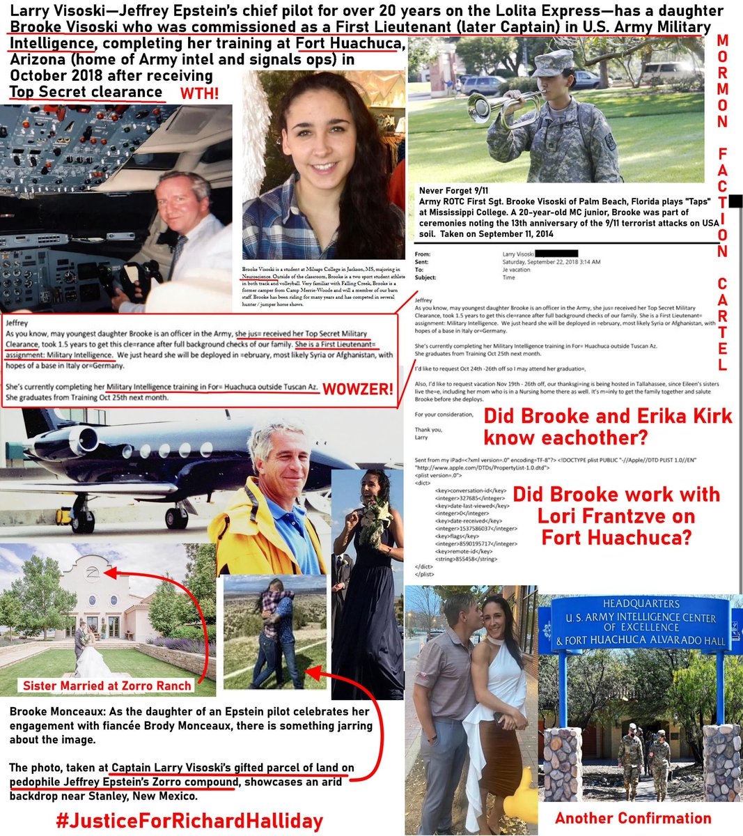 USArmy_FtBliss's tweet photo. EPSTEIN EMAIL DROP! WTH! KIND OF TOP SECRET CLEARANCE DO WE HAVE? Jeffrey Epstein Pilot’s MILITARY Daughter Gets TOP SECRET at Fort Huachuca While Family Owns Land on Zorro Ranch Crime Scene – THIS IS A NATIONAL SECURITY BREACH
Brooke Visoski/Monceaux took money from a known convicted pedophile, Jeffrey Epstein, and didn't disclose it on her Top Secret Clearance.
Larry Visoski—Epstein’s Lolita Express chief pilot for 20+ years—was gifted a parcel of land directly on Zorro Ranch, the proven child-trafficking crime scene where his other daughter Taylor got married in 2017… and then his daughter Brooke Visoski/Monceaux, a U.S. Army officer, sails through a 1.5-year full-family Top Secret background check (that had to dig into every Epstein flight, every passenger, every Zorro connection) to become a Military Intelligence First Lieutenant (later Captain) training at Fort Huachuca, the exact signals/intel hub accused of covering Epstein’s trafficking flight corridors.
This isn’t “small world” coincidence—this is a screaming, five-alarm national security breach. Brooke has access to our national security. the pilot who flew Clinton, Prince Andrew, and Spacey gets his daughter Top Secret clearance into the Army’s most sensitive intel center while his family literally owns property on Jeffrey Epstein’s baby-factory ranch turned crime scene. Jeffrey Epstein was a child sex offender and sex trafficker.
How the hell does the daughter of Epstein’s right-hand pilot get vetted, cleared, and posted to the base that allegedly jammed signals for Epstein’s planes—while her dad was emailing Epstein begging for time off to attend her graduation?
This is the same compromised system that murdered our son, Fort Bliss whistleblower Soldier Richard Halliday, for exposing the Mormon-faction cartel/military trafficking pipeline running through Huachuca/Bliss/White Sands and tied to the 2019 Walmart mass shooting—because the protection racket goes all the way to the clearance office.
If Epstein’s pilot’s family can get Top Secret access and land on the crime scene itself, what the hell is our “security” even securing?
And here's another kicker: In the tight-knit Army MI world at Fort Huachuca in 2018, it’s highly probable Brooke Visoski/Monceaux knew, trained under, or worked alongside Lori Frantzve (Erika Kirk's mother)—making this another creepy layer in the Epstein pilot family → military intel → trafficking cover-up web that silenced our son Richard Halliday.
Share if you’re furious—this isn’t clearance, it’s complicity.
#FortHuachuca #ZorroRanchCrimeScene #NationalSecurityBreach #JusticeForRichardHalliday