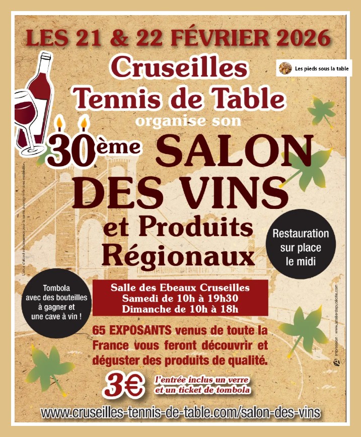 30ème Salon des vins et produits régionnaux 2026

Du samedi 21 au dimanche 22 février à Cruseilles en #hautesavoie

+infos
piedsouslatable.blogspot.com/2026/02/salon-…

organisé par le Club de Tennis de Table
Salon des vins et produits régionaux 

#terroir #vin #gastronomie