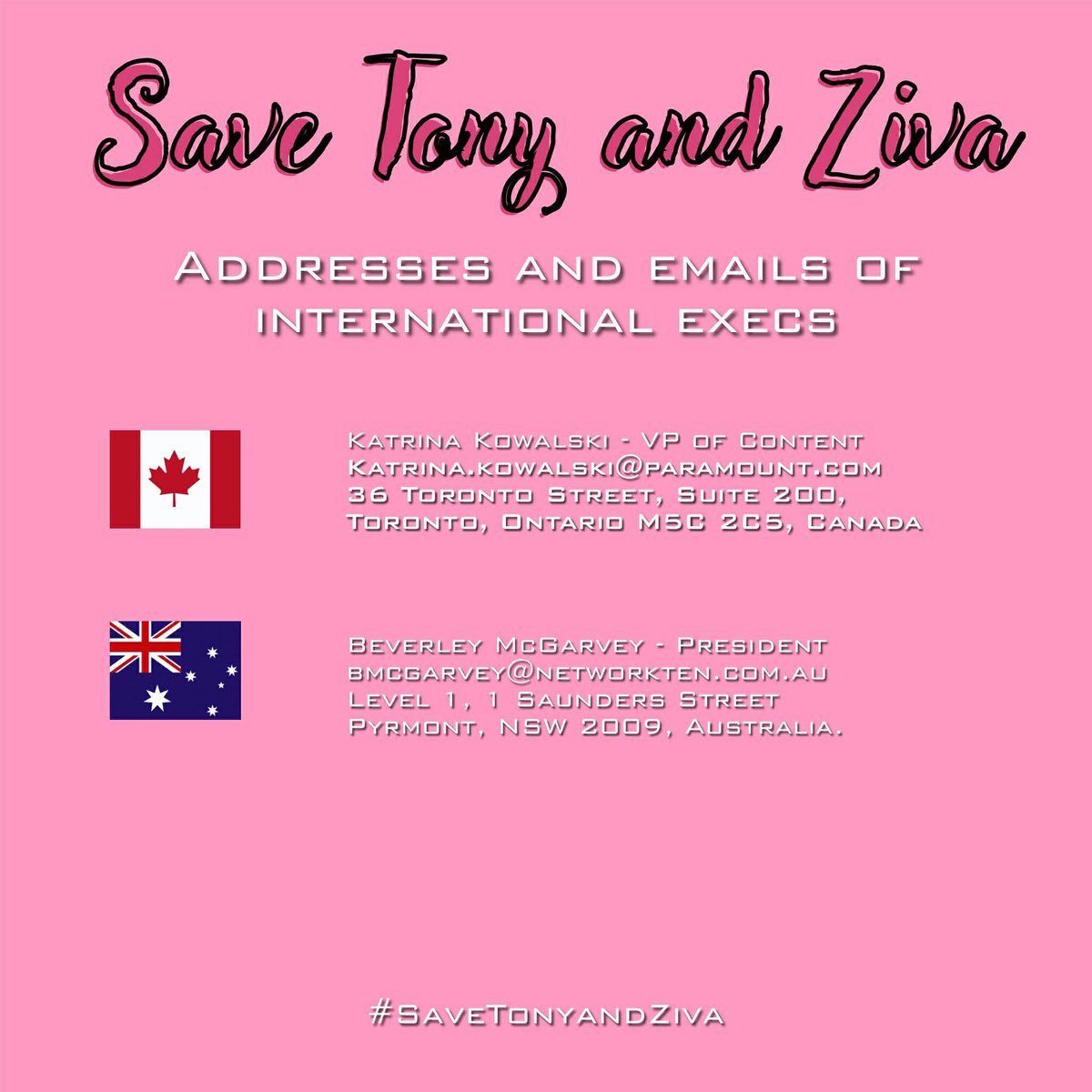 🩷❤️🩷Perfect timing 🩷❤️🩷

The Tiva fandom is known for spanning the globe so we’ve rounded up some addresses to better help our international Honeybears spread the #SaveTonyandZiva love 💕 

Emails and physical addresses for international execs can be found in the photos