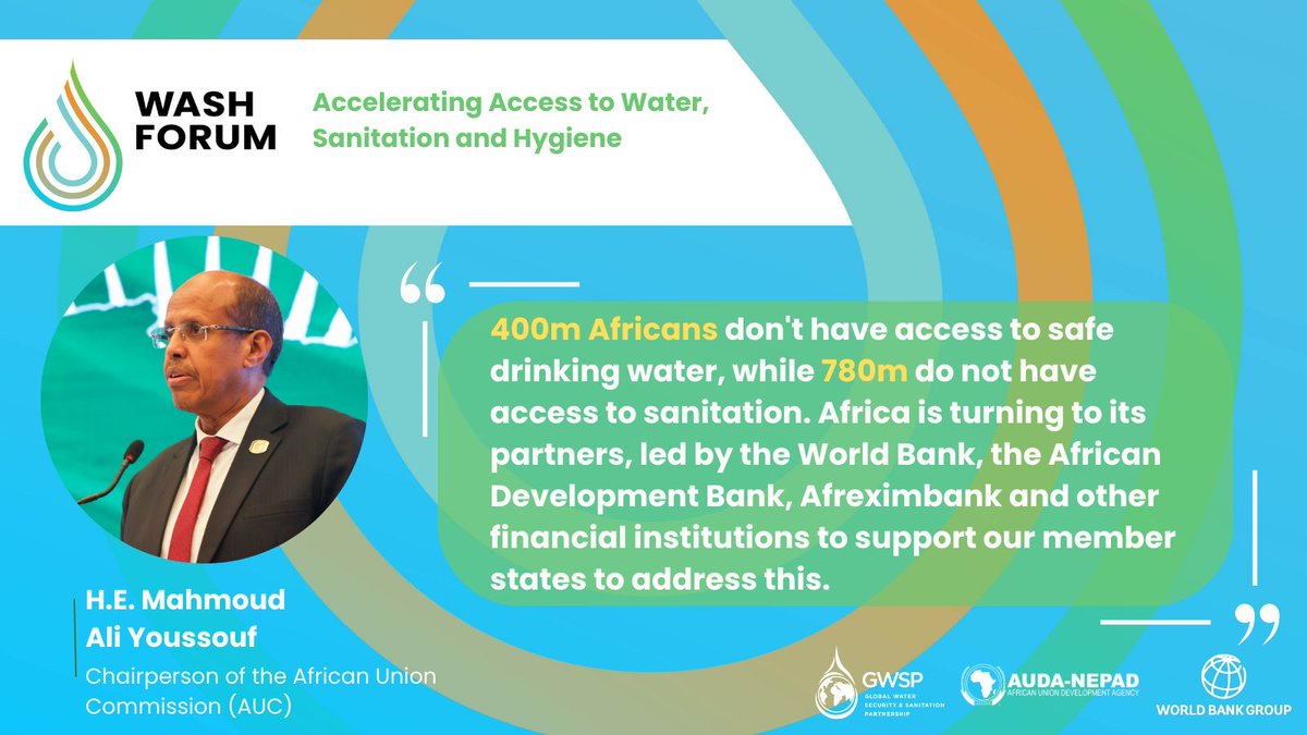 NEPAD_Agency's tweet photo. H.E. Mahmoud Ali Youssouf, Chairperson of the @_AfricanUnion, emphasised collaboration at the #WASHForum.
He highlight the importance of building strong partnerships and mobilising resources to strengthen water and sanitation services. By working together, Africa and its partners can lay the foundation for stability, resilience, and sustainable growth.