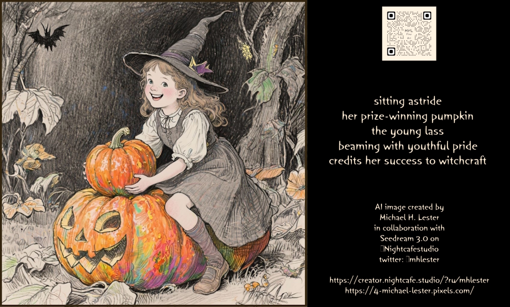 sitting astride
her prize-winning pumpkin
the young lass
beaming with youthful pride
credits her success to witchcraft

AI image created by
Michael H. Lester
in collaboration with
Seedream 3.0 on
@Nightcafestudio

creator.nightcafe.studio/?ru=mhlester
4-michael-lester.pixels.com