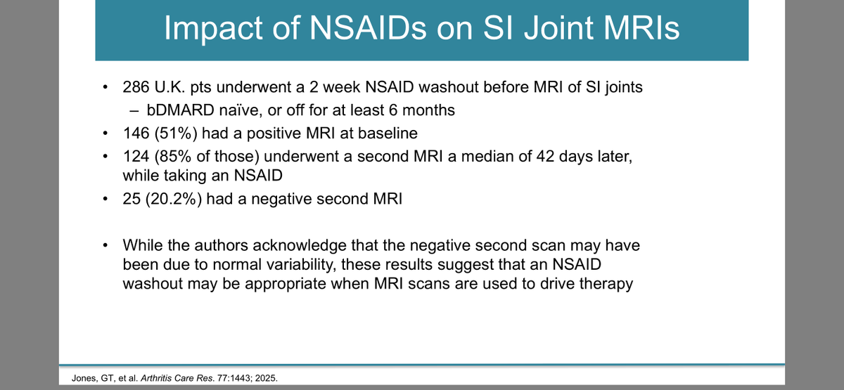 doctorRBC's tweet photo. NSAIDs has the term "Anti-Inflammatory" in  it. 

UK study showed axSpA pts with a positive MRI, who underwent a second MRI, while on an NSAID, 20% subsequently had a negative second MRI. 

Consider a 2 week "wash-out" period of NSAIDs prior to imaging

@RheumNow #RWCS2026 https://t.co/McFJt7SM3g