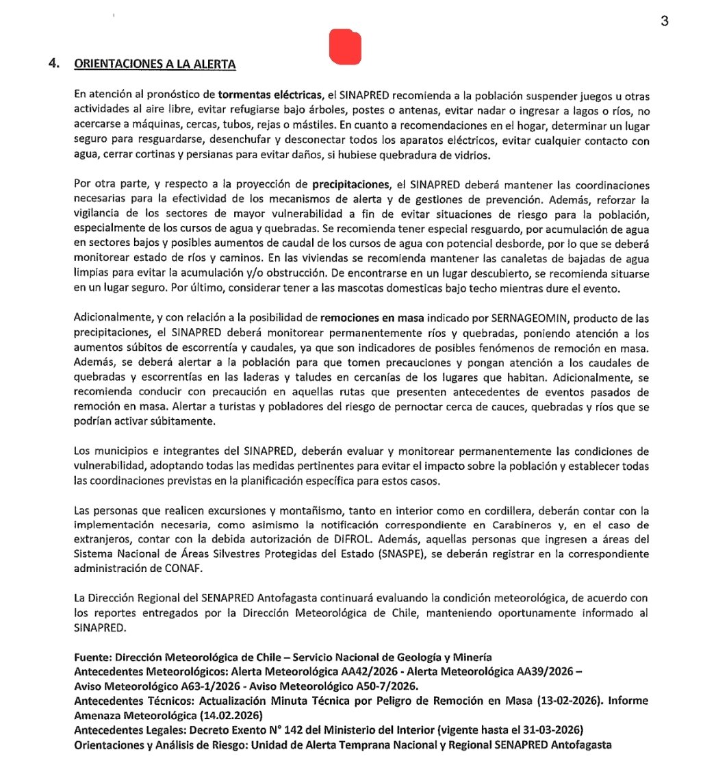 #Antofagasta
Estimad@s
Junto con saludar, se adjunta Actualiza Alerta Temprana Preventiva por Evento Meteorológico, cobertura Provincia de El Loa y comunas de Antofagasta, Sierra Gorda, María Elena y Taltal.

Atentamente,
*Unidad Regional de Alerta Temprana SENAPRED Antofagasta*