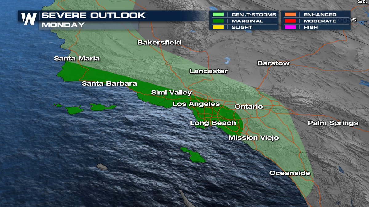 WeatherNation's tweet image. 🌪️Tornado threat in California 🌪️

A strong trough moves into Southern California late Sunday into Monday, with enough wind shear to create a line of intense storms Monday morning.

These storms could down trees and even spawn a tornado.

Details: bit.ly/4anBS3q #CAwx
