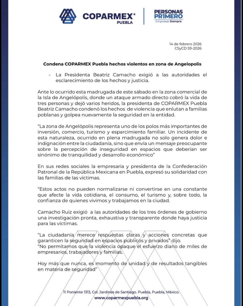 Condena COPARMEX Puebla el ataque directo a las afueras de una sala de despecho en la zona de Angelopolis

La presidenta Beatriz Camacho exigió a las autoridades el esclarecimiento de los hechos y justicia

Lamentó el asesinato de tres personas y otras dos más que quedaron