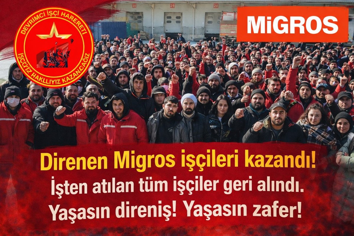 isci2026's tweet photo. Migros’ta patron saldırısı direnişte bo��uldu.
İşten atmalar geri tepti, işçiler kazandı.
Atılan tüm işçiler geri alındı.
Bu  direnenlerin zaferidir.
Bu kazanım, omuz omuza durmanın sonucudur.
Yaşasın direniş!
Yaşasın örgütlü işçi sınıfı!
Yaşasın zafer!
İŞÇİYİZ HAKLIYIZ KAZANACAĞIZ!
#yaşasındirenişyaşasınzafer #migros #MigrosDepoİscileri #MigrosDirenisi #migrosboykot