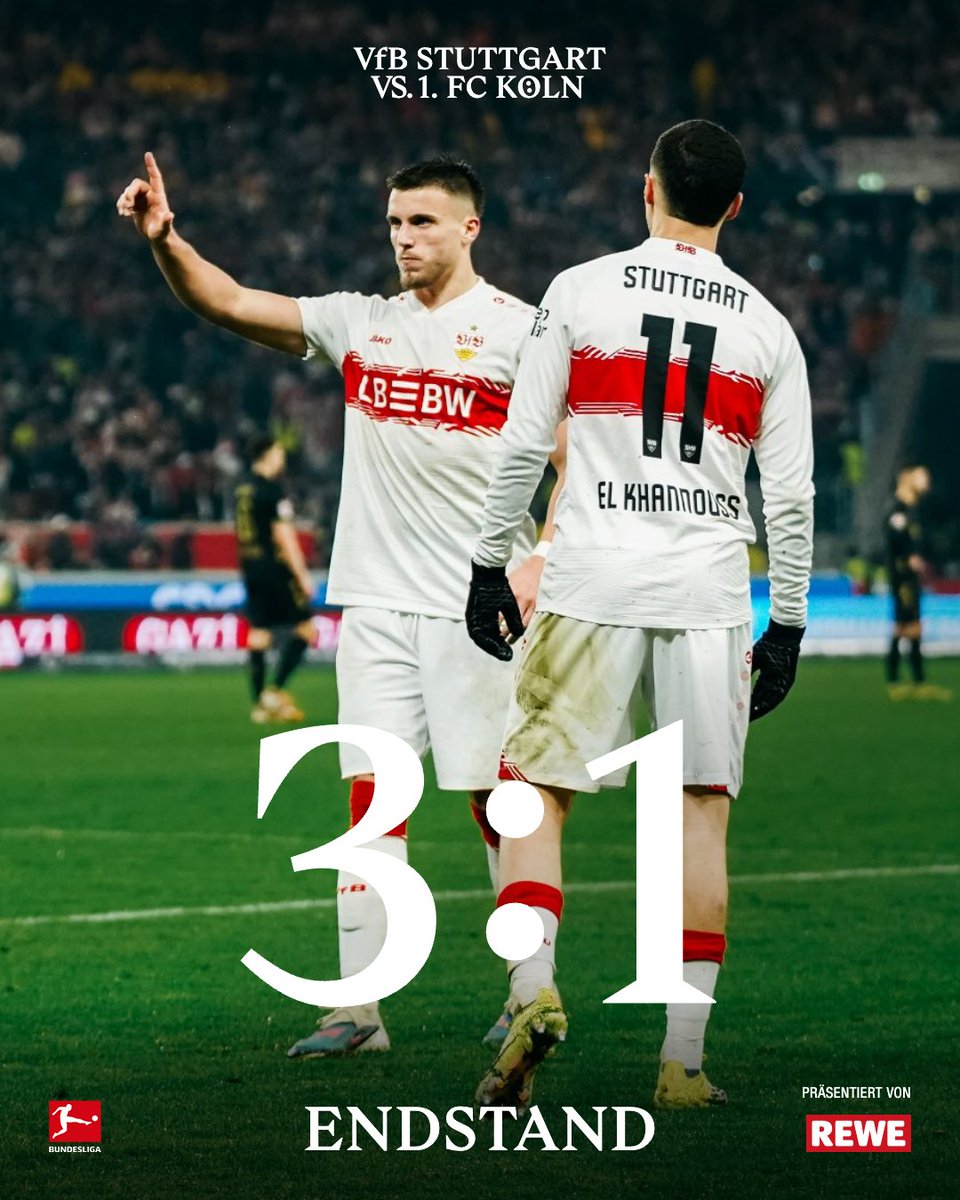 Das war's und wir schlagen den 1. FC Köln mit 3:1!
Mit zwei späten Treffern sichern wir uns den achten Heimsieg in dieser Saison.
Let's go!

#VfB | #VfB1893 | #Bundesliga | #VfBKOE 3:1 (90.) | [Anzeige] Rewe