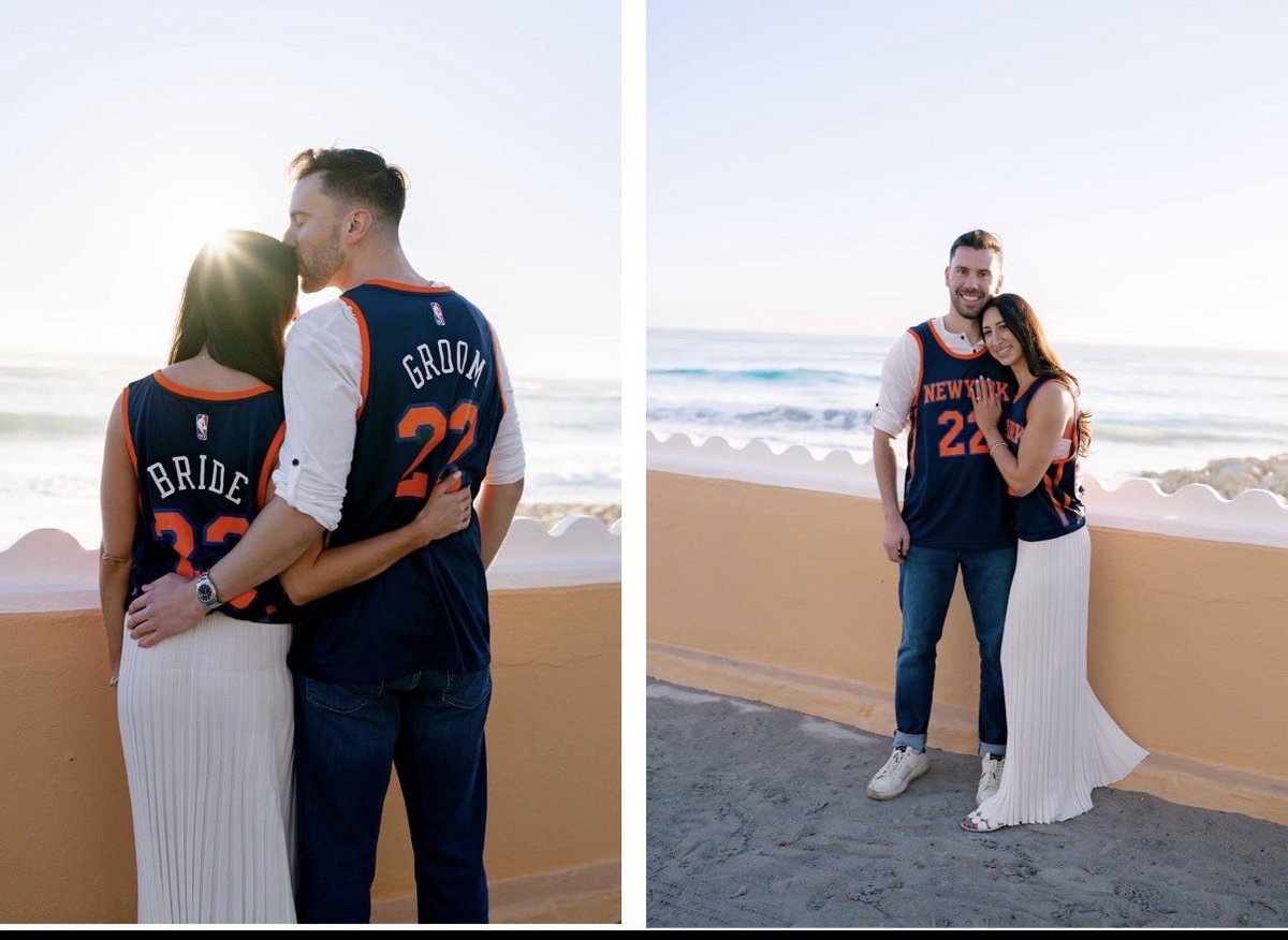 SleeperKnicks's tweet photo. Custom Knicks jerseys for the engagement photos… ELITE.

“Hopefully getting 2 rings this year!” 👀 

One for the wedding. One for the Knicks.

Congrats to the future Mr. &amp; Mrs. Zimmerman‼️

💍 ❤️🏀🧡💙
#Knicks #NewYorkForever #ValentinesDay https://t.co/DyVV5oF3mn