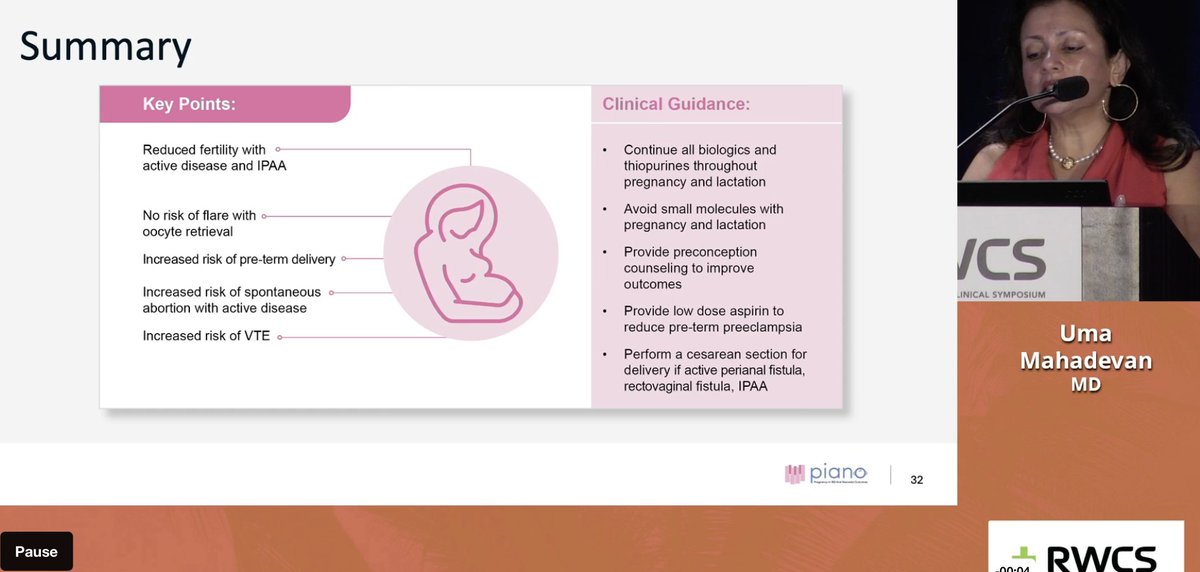 doctorRBC's tweet photo. Dr. Uma Mahadevan on PIANO registry and peri-partum recommendations
Continue biologics throughout pregnancy and breastfeeding
Avoid small molecules 
Inactive and live vaccines, EXCEPT BCG vaccine should be given to infants exposed to biologics in utero

@RheumNow #RWCS2026 https://t.co/8RnfBJnjcH