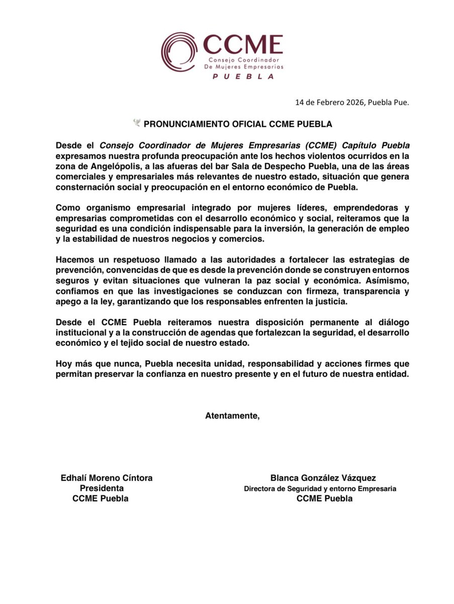 ccme_puebla's tweet photo. Ante los hechos violentos en la Zona de Angelópolis hacemos un llamado respetuoso a fortalecer las acciones preventivas.

La seguridad y la prevención son indispensables para proteger a las familias y al entorno empresarial. Seguiremos trabajando por un Puebla seguro y con futuro https://t.co/aXQ6HP7f20