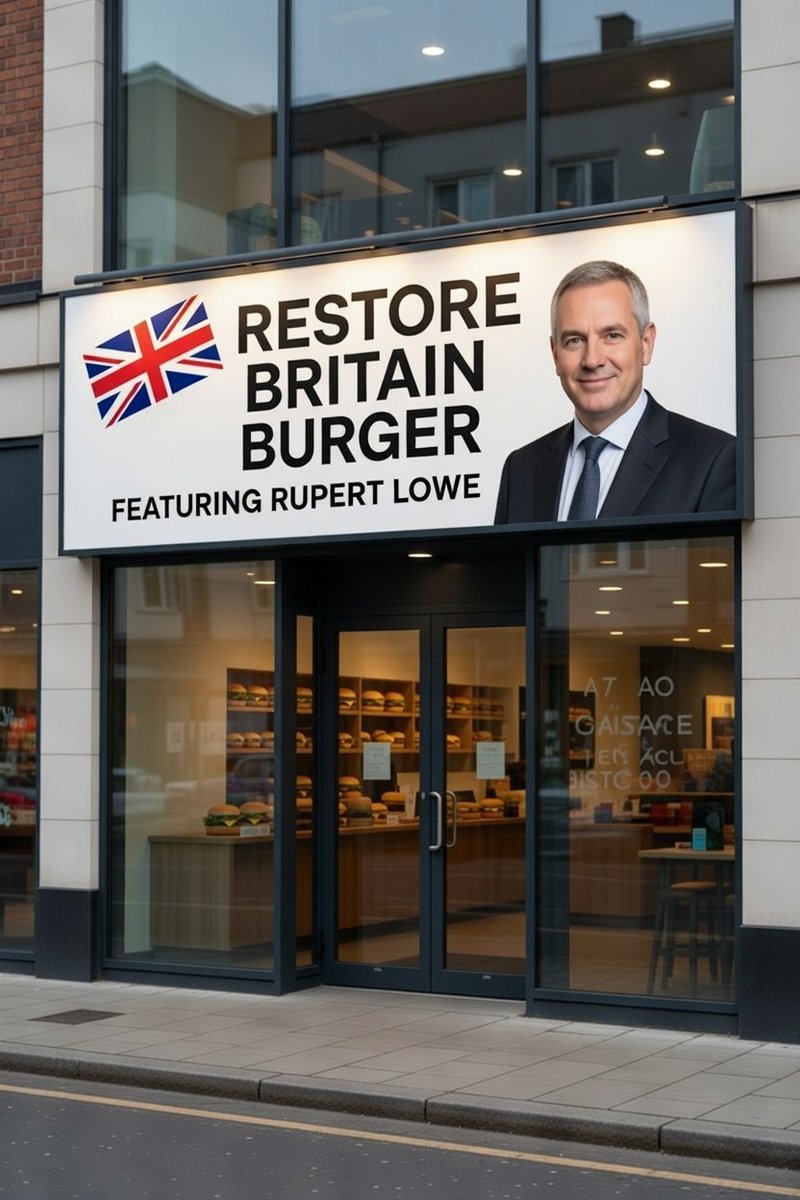 EuropaIneffable's tweet image. We've all seen Kemi's iconic visit to McDonald's.

But what if we sensitive young men had our own restaurant?

For people, like us, who just... get it.

Well, the wait is over. RESTORE BRITAIN BURGER by Rupert Lowe.

No seed oils. No Halal slaughter. Spaniels more than welcome.