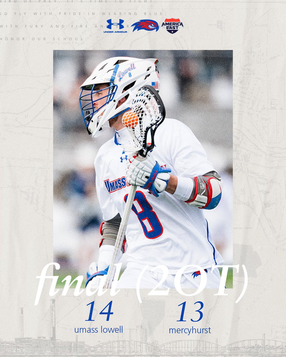 FINAL: River Hawks fight to a 14-13 victory over Mercyhurst in double overtime! Frigon tallied the game winner, while posted career highs with five goals, three assists, and eight points!

#UnitedInBlue | #AEMLAX