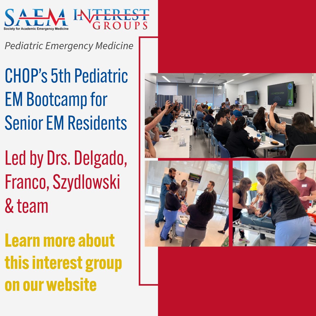 SAEMonline's tweet image. We're proud to highlight CHOP’s 5th #Pediatric EM Bootcamp for senior EM residents; running twice this April due to high demand!  Led by #SAEM PEM interest group members Drs. Delgado, Franco, Szydlowski, and team. #PEM #EMResidency