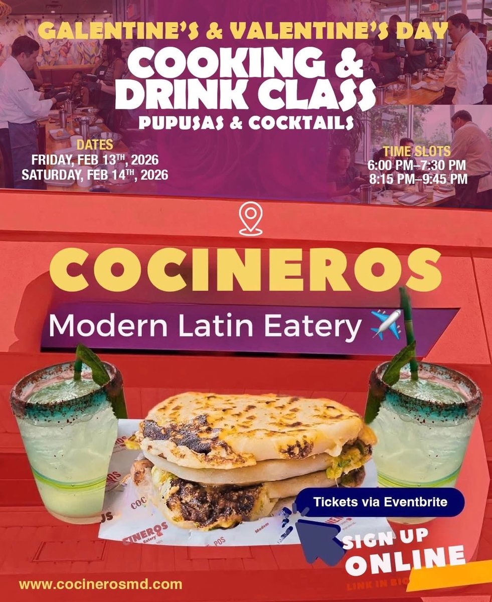 DCNowEvents's tweet image. #FeaturedEvent Still figuring out Valentine’s Day tonight? 💗

Pupusas + Cocktails Cooking Class happens today, Sat Feb 14, and limited seats remain.

🎟 RSVP now, 🔽
tinyurl.com/273hryz7

Tie your apron, learn to make pupusas from scratch, sip while you cook, then sit down