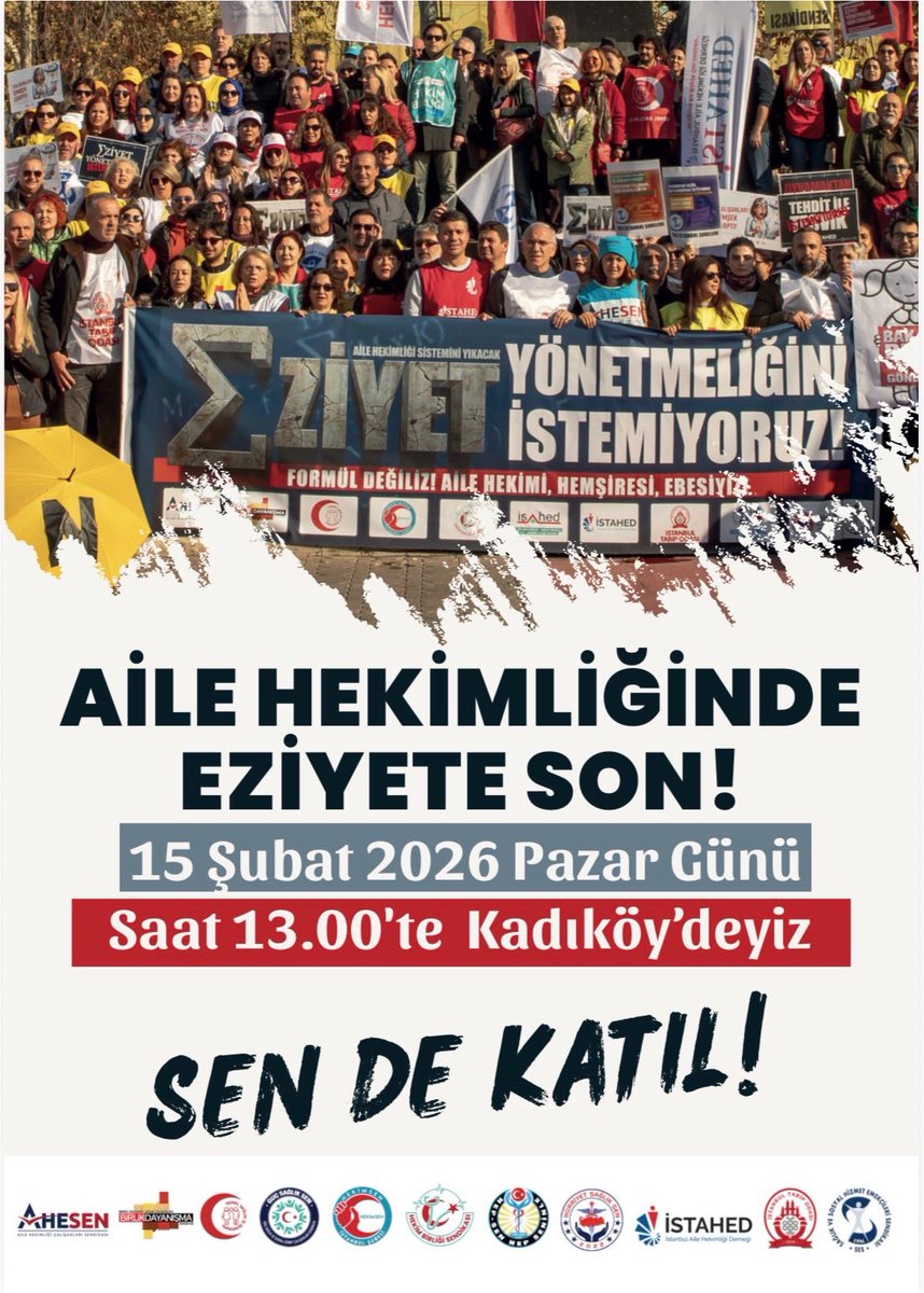 Aile hekimliği sistemini işlemez hale getiren dayatmaları kabul etmiyoruz.
Performans baskısı, maaş kesintileri, artan iş yükü ve sorumlulukların tek taraflı yüklenmesi artık sürdürülemez.

📍 15 Şubat Pazar
🕐 13.00
📌 Kadıköy

Haklarımız, emeğimiz ve nitelikli sağlık hizmeti