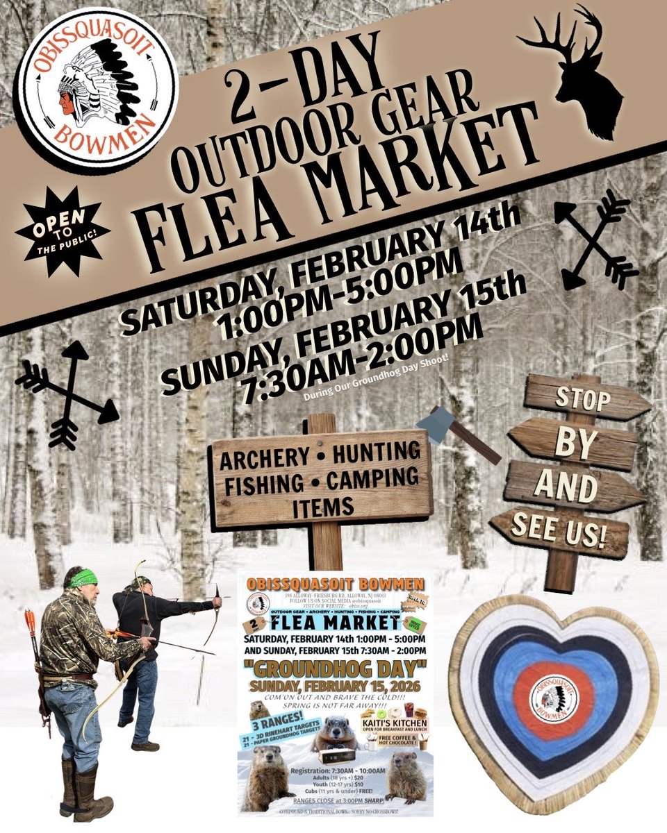 obissquasoit's tweet photo. Join us today and tomorrow for our 2-Day Outdoor Gear Flea Market &amp; don’t miss out on our “Groundhog Day” event tomorrow.

COM’ON OUT &amp; BRAVE THE COLD!! SPRING IS NOT FAR AWAY!!
Are you ready to tackle our snowy trails? Our hope is the sun will be shining just as bright as today! https://t.co/h481c6IF1f