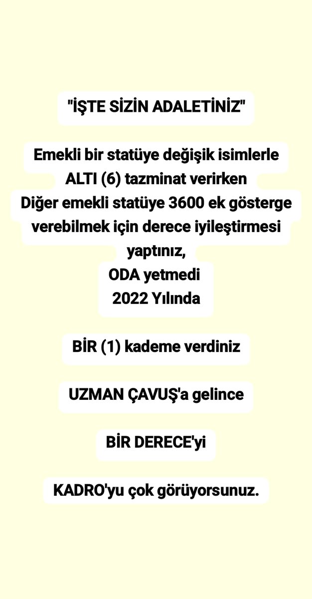 <a href="/TamerAc212211/">Tamer Aşcı</a> <a href="/ibrahim_0634/">İbrahim Akduman (1)</a> <a href="/slamGKSAL127401/">GÖKSAL</a> <a href="/Albayrak718007/">Albayrak</a> <a href="/akcaa158/">Ali -A-K-C-A-</a> <a href="/MuratNR3/">Murat ÖNÜR</a> <a href="/RTErdogan/">Recep Tayyip Erdoğan</a> <a href="/MHP_Bilgi/">MHP</a> <a href="/MhpTbmmGrubu/">MHP TBMM Grubu #MHP</a> <a href="/dbdevletbahceli/">Devlet Bahçeli</a> <a href="/yasaryldrmMHP/">Yaşar Yıldırım</a> <a href="/buyukataman/">İsmet Büyükataman</a> <a href="/erkanakcay45/">Erkan Akçay</a> <a href="/E_SemihYalcin/">E. Semih Yalçın</a> <a href="/sadirdurmaz/">Sadir Durmaz 🇹🇷</a> <a href="/UlviYonter/">Dr.İzzet Ulvi YÖNTER</a> <a href="/ismailozdemirrr/">İsmail ÖZDEMİR 🇹🇷</a> <a href="/muharremvarli01/">Muharrem VARLI</a> <a href="/AyseSibelErsoy/">Ayşe Sibel Ersoy🇹🇷</a> <a href="/MehmetTaytakMHP/">Mehmet Taytak</a> <a href="/MevltKarakaya25/">Mevlüt Karakaya</a> <a href="/TEMUD_2024/">Türkiye Emekli Uzman Erbaşlar Derneği (TEMUD)</a> <a href="/alitilkici38/">Ali Tilkici 🇹🇷</a> <a href="/01Akkayali/">ALİ AKSOY</a> <a href="/55erhanusta/">Dr. Erhan Usta</a> <a href="/ahmetyarici31/">Ahmet YARICI</a> <a href="/alimahir/">Ali Mahir Başarır</a> <a href="/av_gundogan/">Av. Ali Erdem GÜNDOĞAN</a> <a href="/bbpgenelmerkez/">BÜYÜK BİRLİK PARTİSİ</a> <a href="/burhanduran/">Burhanettin Duran</a> <a href="/cemacikgozz/">Cem Açıkgöz</a> <a href="/cemkucuk55/">Cem Küçük</a> <a href="/tcsavunma/">T.C. Millî Savunma Bakanlığı</a> <a href="/tcbestepe/">T.C. Cumhurbaşkanlığı</a> <a href="/TC_icisleri/">T.C. İçişleri Bakanlığı</a> <a href="/_cevdetyilmaz/">Cevdet Yılmaz</a> <a href="/TBMMGenelKurulu/">TBMM Genel Kurulu</a> <a href="/Akparti/">AK Parti</a> <a href="/nacibostanci/">M. Naci Bostancı</a> <a href="/akbasogluemin/">Av. M.Emin AKBAŞOĞLU 🇹🇷</a> <a href="/AliYerlikaya/">Ali Yerlikaya</a> <a href="/mustafaelitas/">Mustafa Elitaş</a> <a href="/memetsimsek/">Mehmet Simsek</a> 2016 yılında 6656 sayılı kanunla lise dengi okul mezunu astsubaylara 3600 EK gösterge verebilmek için 1'derece iyileştirmesi yapıldı
Üzerine 2022 yılında 1 kademe verdiniz
45 yaş nedeniyle hak kayıpları yaşatarak zorla emekli edilen #UzmanÇavuş'lara #BirDerece'yi çokmu  gördünüz?
