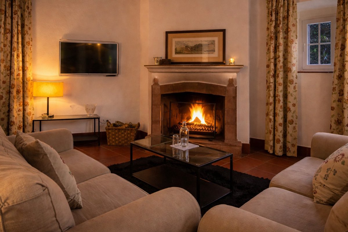 🇬🇧 English Caption. Outside the winter chill. Inside, the crackling fireplace and a warm glow embracing every corner of the room. At Monte da Provença evenings are lived like this in silence, comfort, and unhurried moments shared.
