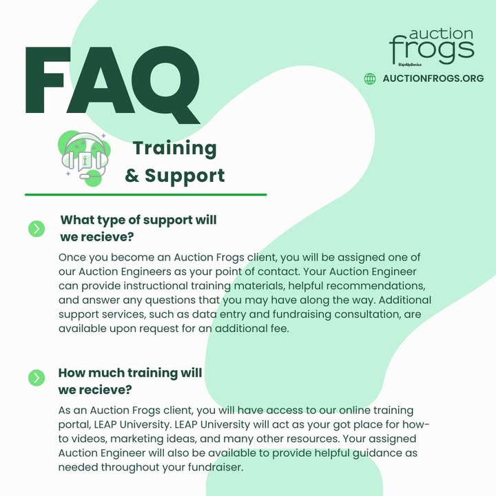 Check out some of the frequently asked questions about training and support!

Ready to tour our platform? Visit auctionfrogs.org/online-auction…
