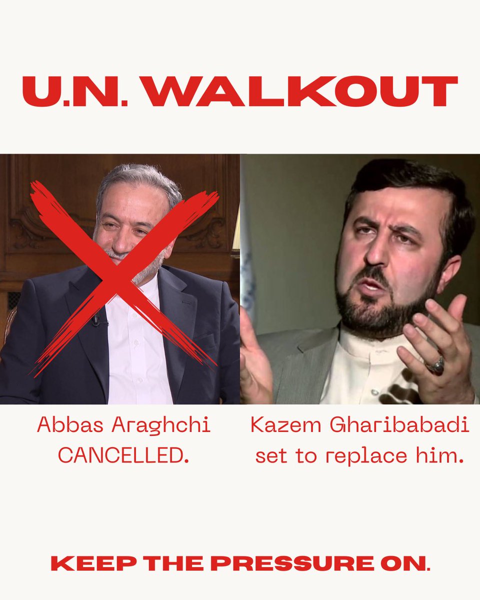 Abbas Araghchi was scheduled to speak at the UN Human Rights Council in Geneva. He’s off the schedule—but now a different Islamic Republic official has replaced him.

This is why we need to tell diplomats to WALK OUT. 

Take action at regimeout.com/walkout