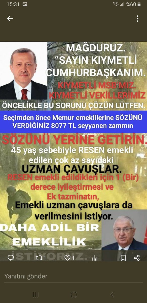 <a href="/TamerAc212211/">Tamer Aşcı</a> <a href="/ibrahim_0634/">İbrahim Akduman (1)</a> <a href="/slamGKSAL127401/">GÖKSAL</a> <a href="/Albayrak718007/">Albayrak</a> <a href="/akcaa158/">Ali -A-K-C-A-</a> <a href="/MuratNR3/">Murat ÖNÜR</a> <a href="/RTErdogan/">Recep Tayyip Erdoğan</a> <a href="/MHP_Bilgi/">MHP</a> <a href="/MhpTbmmGrubu/">MHP TBMM Grubu #MHP</a> <a href="/dbdevletbahceli/">Devlet Bahçeli</a> <a href="/yasaryldrmMHP/">Yaşar Yıldırım</a> <a href="/buyukataman/">İsmet Büyükataman</a> <a href="/erkanakcay45/">Erkan Akçay</a> <a href="/E_SemihYalcin/">E. Semih Yalçın</a> <a href="/sadirdurmaz/">Sadir Durmaz 🇹🇷</a> <a href="/UlviYonter/">Dr.İzzet Ulvi YÖNTER</a> <a href="/ismailozdemirrr/">İsmail ÖZDEMİR 🇹🇷</a> <a href="/muharremvarli01/">Muharrem VARLI</a> <a href="/AyseSibelErsoy/">Ayşe Sibel Ersoy🇹🇷</a> <a href="/MehmetTaytakMHP/">Mehmet Taytak</a> <a href="/MevltKarakaya25/">Mevlüt Karakaya</a> <a href="/TEMUD_2024/">Türkiye Emekli Uzman Erbaşlar Derneği (TEMUD)</a> <a href="/alitilkici38/">Ali Tilkici 🇹🇷</a> <a href="/01Akkayali/">ALİ AKSOY</a> <a href="/55erhanusta/">Dr. Erhan Usta</a> <a href="/ahmetyarici31/">Ahmet YARICI</a> <a href="/alimahir/">Ali Mahir Başarır</a> <a href="/av_gundogan/">Av. Ali Erdem GÜNDOĞAN</a> <a href="/bbpgenelmerkez/">BÜYÜK BİRLİK PARTİSİ</a> <a href="/burhanduran/">Burhanettin Duran</a> <a href="/cemacikgozz/">Cem Açıkgöz</a> <a href="/cemkucuk55/">Cem Küçük</a> <a href="/tcsavunma/">T.C. Millî Savunma Bakanlığı</a> <a href="/tcbestepe/">T.C. Cumhurbaşkanlığı</a> <a href="/TC_icisleri/">T.C. İçişleri Bakanlığı</a> #Tazminat emekli uzman çavuşlarında hakkıdır 
<a href="/tcbestepe/">T.C. Cumhurbaşkanlığı</a> 
<a href="/RTErdogan/">Recep Tayyip Erdoğan</a> 
<a href="/tcsavunma/">T.C. Millî Savunma Bakanlığı</a> 
<a href="/aerdemcantimur/">Abdullah Erdem Cantimur</a>
#TSK
#MSB
#MilliSavunmaBakanlığı
<a href="/heybetmusa/">Musa HEYBET</a>
<a href="/SuayAlpay/">Şuay Alpay🇹🇷</a>
<a href="/hulusiakarmedya/">Hulusi AKAR</a>
<a href="/TSKGnkur/">TSK</a>
<a href="/mehmetucum/">Mehmet Uçum</a>
<a href="/Akparti/">AK Parti</a> 
<a href="/memetsimsek/">Mehmet Simsek</a>
<a href="/valisalihayhan/">Salih AYHAN</a> 
<a href="/iletisim/">T.C. İletişim Başkanlığı</a>
<a href="/burhanduran/">Burhanettin Duran</a> 
<a href="/avabdullahguler/">Abdullah Güler</a>