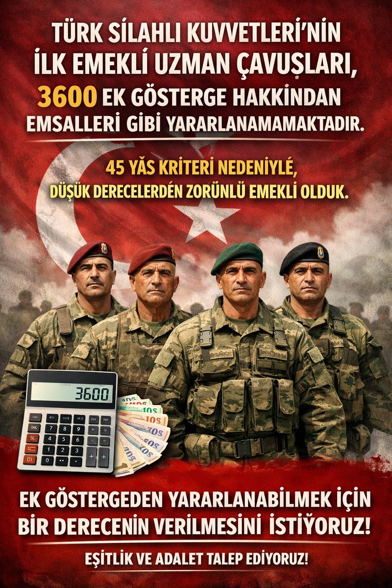 <a href="/TamerAc212211/">Tamer Aşcı</a> <a href="/ibrahim_0634/">İbrahim Akduman (1)</a> <a href="/slamGKSAL127401/">GÖKSAL</a> <a href="/Albayrak718007/">Albayrak</a> <a href="/akcaa158/">Ali -A-K-C-A-</a> <a href="/MuratNR3/">Murat ÖNÜR</a> <a href="/RTErdogan/">Recep Tayyip Erdoğan</a> <a href="/MHP_Bilgi/">MHP</a> <a href="/MhpTbmmGrubu/">MHP TBMM Grubu #MHP</a> <a href="/dbdevletbahceli/">Devlet Bahçeli</a> <a href="/yasaryldrmMHP/">Yaşar Yıldırım</a> <a href="/buyukataman/">İsmet Büyükataman</a> <a href="/erkanakcay45/">Erkan Akçay</a> <a href="/E_SemihYalcin/">E. Semih Yalçın</a> <a href="/sadirdurmaz/">Sadir Durmaz 🇹🇷</a> <a href="/UlviYonter/">Dr.İzzet Ulvi YÖNTER</a> <a href="/ismailozdemirrr/">İsmail ÖZDEMİR 🇹🇷</a> <a href="/muharremvarli01/">Muharrem VARLI</a> <a href="/AyseSibelErsoy/">Ayşe Sibel Ersoy🇹🇷</a> <a href="/MehmetTaytakMHP/">Mehmet Taytak</a> <a href="/MevltKarakaya25/">Mevlüt Karakaya</a> <a href="/TEMUD_2024/">Türkiye Emekli Uzman Erbaşlar Derneği (TEMUD)</a> <a href="/alitilkici38/">Ali Tilkici 🇹🇷</a> <a href="/01Akkayali/">ALİ AKSOY</a> <a href="/55erhanusta/">Dr. Erhan Usta</a> <a href="/ahmetyarici31/">Ahmet YARICI</a> <a href="/alimahir/">Ali Mahir Başarır</a> <a href="/av_gundogan/">Av. Ali Erdem GÜNDOĞAN</a> <a href="/bbpgenelmerkez/">BÜYÜK BİRLİK PARTİSİ</a> <a href="/burhanduran/">Burhanettin Duran</a> <a href="/cemacikgozz/">Cem Açıkgöz</a> <a href="/cemkucuk55/">Cem Küçük</a> <a href="/tcsavunma/">T.C. Millî Savunma Bakanlığı</a> <a href="/tcbestepe/">T.C. Cumhurbaşkanlığı</a> <a href="/TC_icisleri/">T.C. İçişleri Bakanlığı</a> #Tazminat emekli uzman çavuşlarında hakkıdır 
<a href="/tcbestepe/">T.C. Cumhurbaşkanlığı</a> 
<a href="/RTErdogan/">Recep Tayyip Erdoğan</a> 
<a href="/tcsavunma/">T.C. Millî Savunma Bakanlığı</a> 
<a href="/aerdemcantimur/">Abdullah Erdem Cantimur</a>
#TSK
#MSB
#MilliSavunmaBakanlığı
<a href="/heybetmusa/">Musa HEYBET</a>
<a href="/SuayAlpay/">Şuay Alpay🇹🇷</a>
<a href="/hulusiakarmedya/">Hulusi AKAR</a>
<a href="/TSKGnkur/">TSK</a>
<a href="/mehmetucum/">Mehmet Uçum</a>
<a href="/Akparti/">AK Parti</a> 
<a href="/memetsimsek/">Mehmet Simsek</a>
<a href="/valisalihayhan/">Salih AYHAN</a> 
<a href="/iletisim/">T.C. İletişim Başkanlığı</a>
<a href="/burhanduran/">Burhanettin Duran</a> 
<a href="/avabdullahguler/">Abdullah Güler</a>