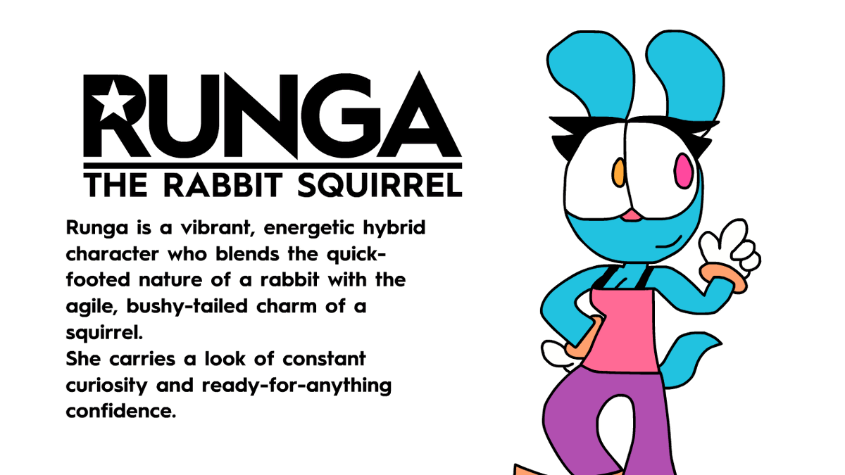 Let's explain about Runga! ✨

Meet the ultimate hybrid: part quick-footed rabbit, part agile squirrel!🐰🐿️
With her vibrant blue fur and "ready-for-anything" energy, she’s always chasing the next big adventure. Curiosity? 100%. Confidence? Absolute.

#Runga #CharacterDesign #Art