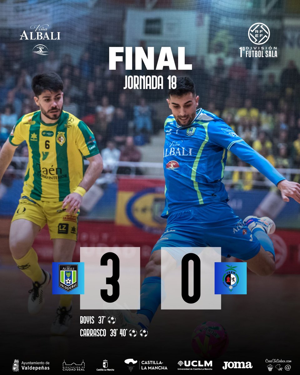 |FSVLive|

FINAAAAAL EN EL 'VIRGEN DE LA CABEZA'

<a href="/VinaAlbaliFS/">Viña Albali Valdepeñas</a> 3-0 <a href="/JaenFS/">Jaén Paraíso Interior FS</a>

⚽ <a href="/5Boyis5/">Boyis5</a>
⚽⚽ <a href="/jcarrascoog/">Jorge Carrasco</a>

#ViñaAlbaliValdepeñas #PrimeraDivisiónFS