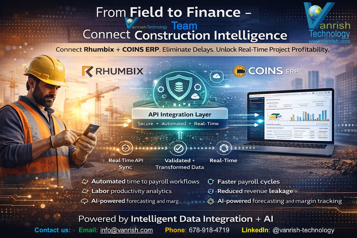 VanrishTech's tweet photo. We help #construction companies integrate @rhumbix  + #COINS #ERP to create a real-time, #AI-powered construction #data ecosystem.
✅No manual uploads
✅No payroll delays
✅No guessing project margins
connected systems, automated workflows, &amp; real-time profitability insights. https://t.co/MyZkpNBNn0