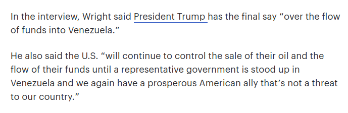 Disgusting colonialism. Trump officials say they will continue to control Venezuelan oil exports until there is a "representative govt" in the country (representative of what?). Just means indefinite control until a chosen puppet is in place

From here: thehill.com/policy/energy-…