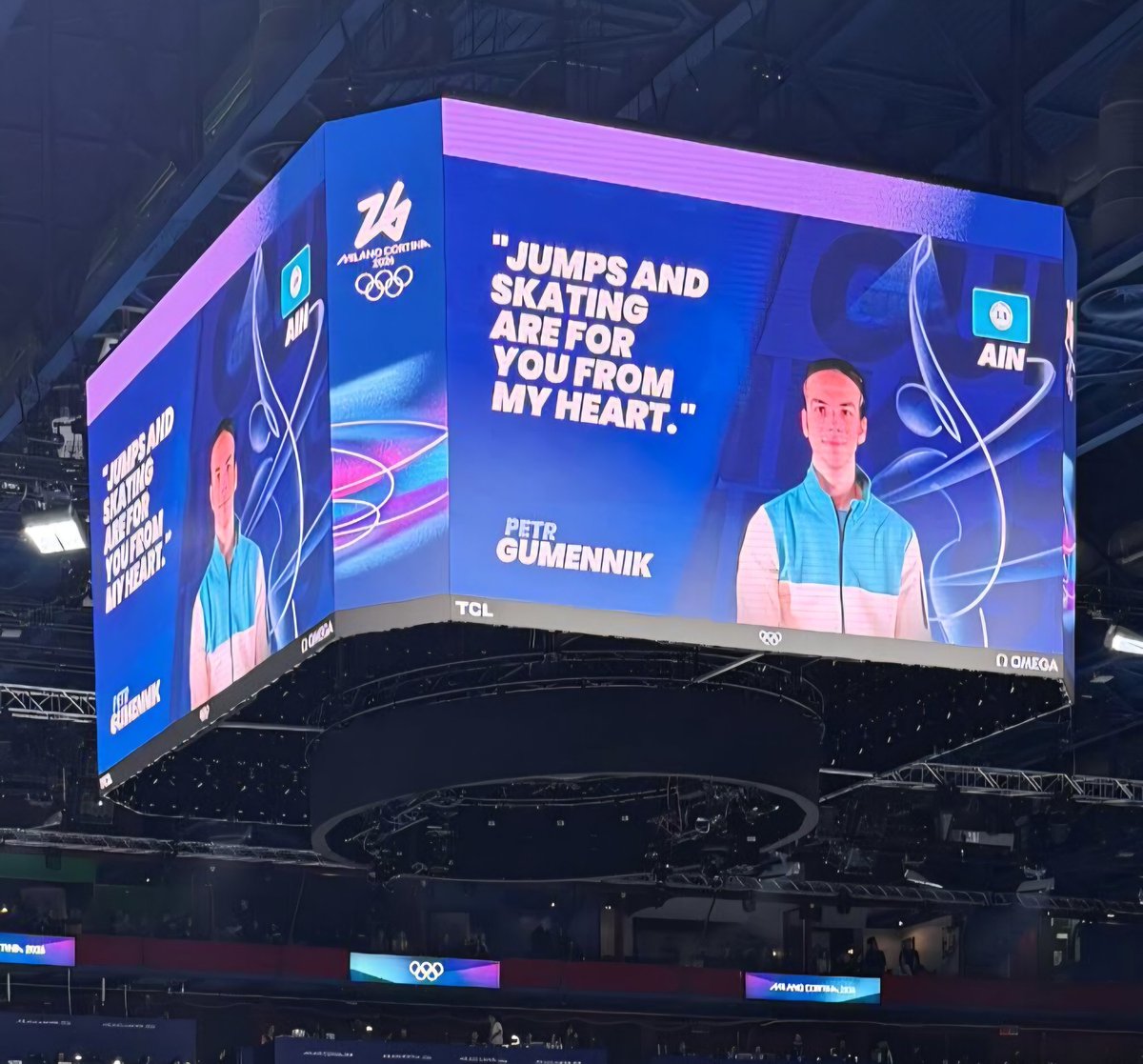 Petr's quote from the LED cube of the Olympics ice arena:

"Jumps and skating are for you from my heart" 

Credit: instagram.com/simonebiles (stories)