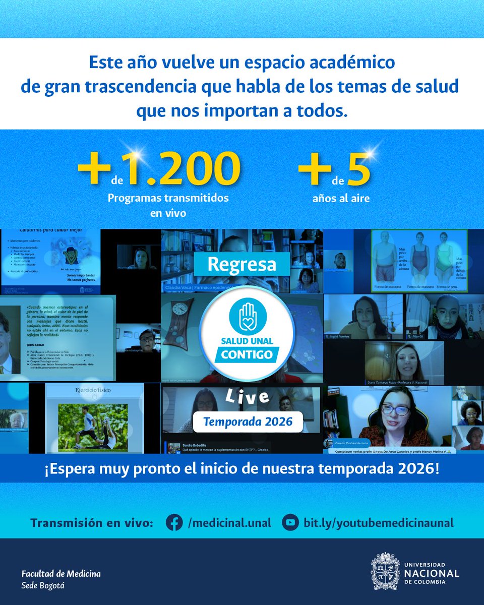 MedicinaUNAL's tweet photo. ¡Muy pronto!… Regresa Salud UNAL Contigo Live. No te pierdas el inicio de la temporada 2026 próximamente. ¡Espéralo! #suclive #saludunalcontigo #unal https://t.co/TFK73Wb0t4