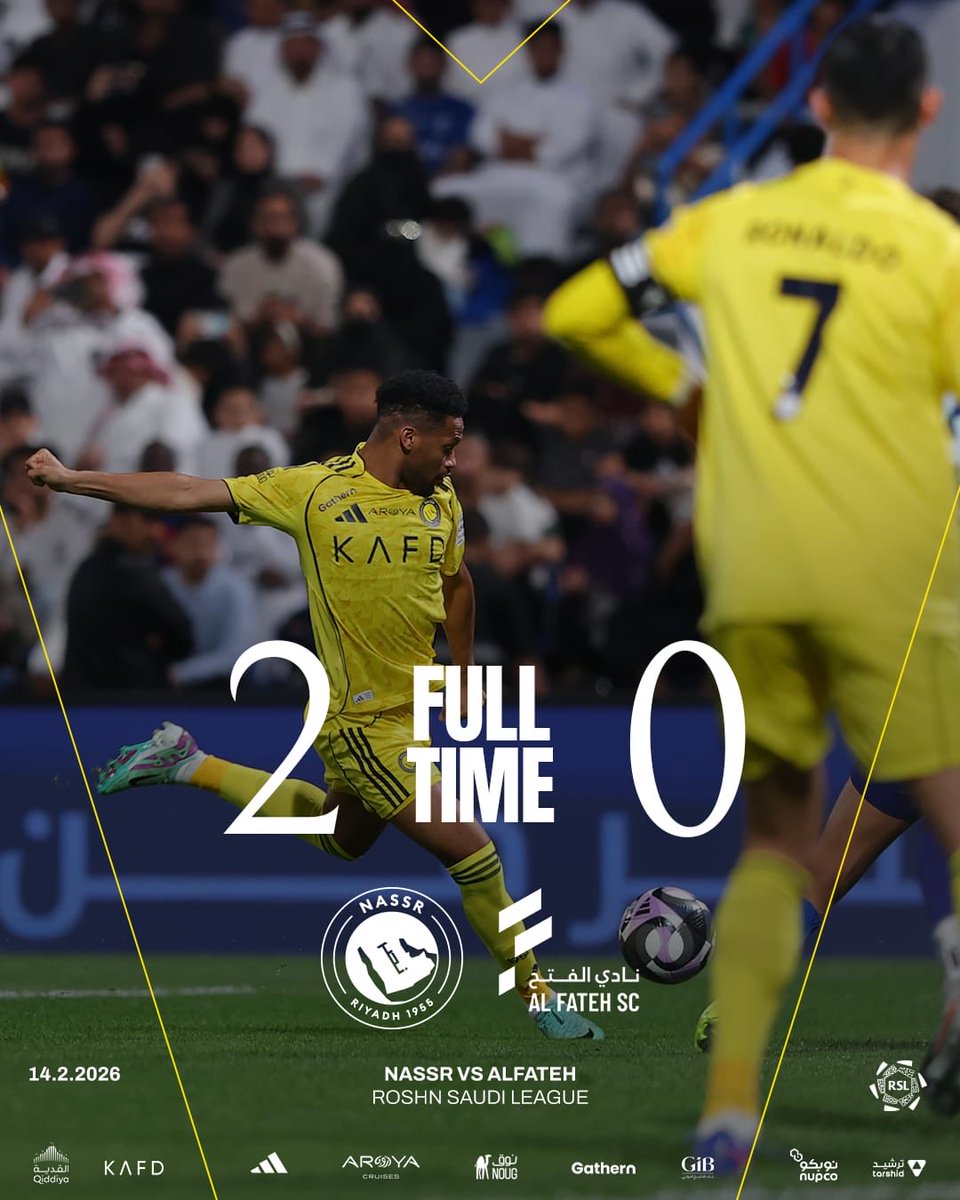 🔚 | صافـرة النهايـة! 

النصر 2 - 0 الفتح
⚽ كريستيانو رونالدو 🐐 
⚽️ أيمن يحيى 💛 الف الف مبروك للامة النصراوية رغم كل هذه لأخطاء. لا أن الله نصركم  وهزمهم يريدو النصر يتعثر باي طريقة