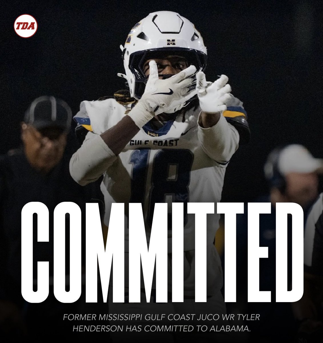 TDAlabamaMag's tweet photo. Former Mississippi Gulf Coast JUCO WR Tyler Henderson has officially committed to Alabama. 👀🐘

https://t.co/zy3o9O1a0h https://t.co/YfjIJjXzFf