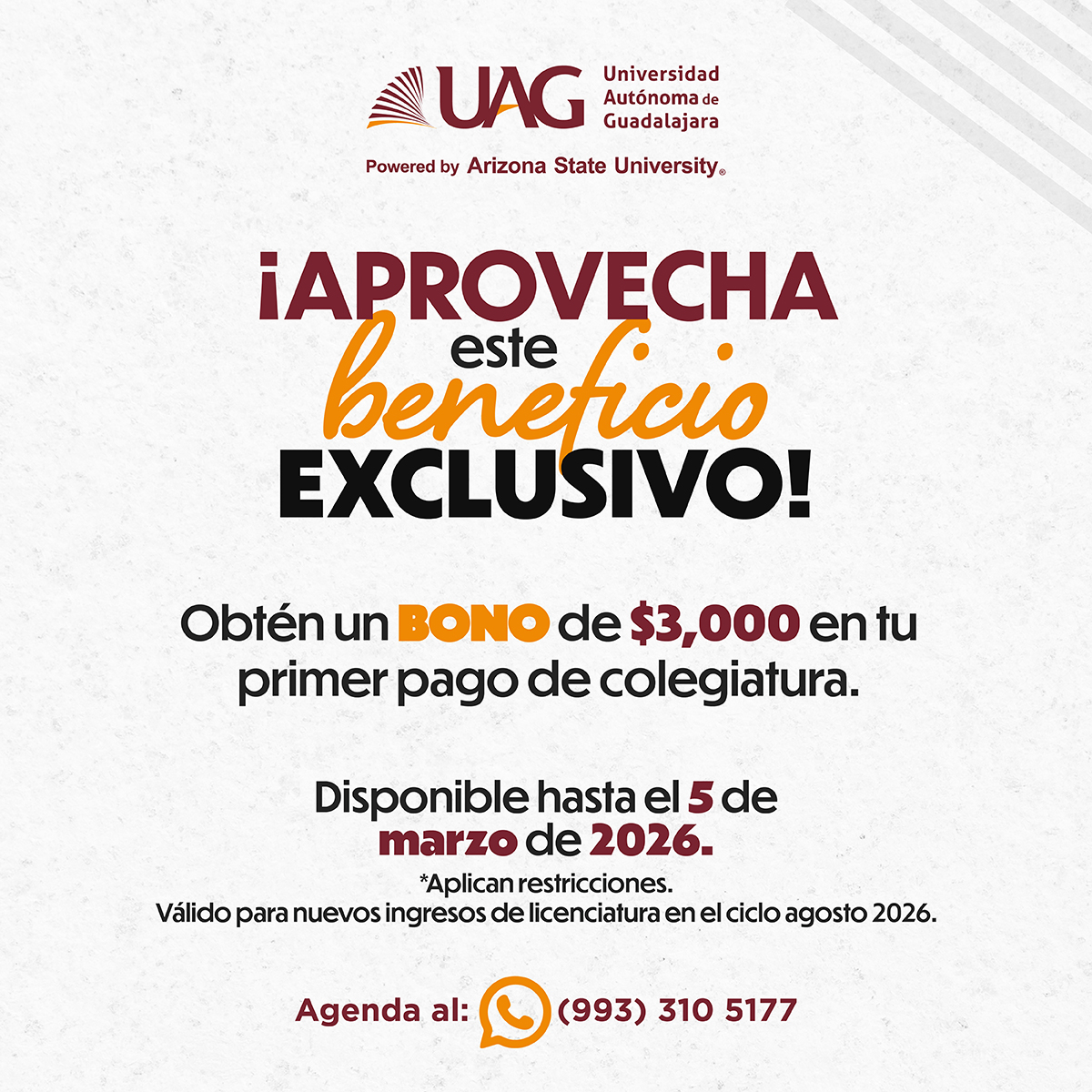 📣 ¡Inscríbete con anticipación y 𝗮𝗵𝗼𝗿𝗿𝗮 𝗱𝗲𝘀𝗱𝗲 𝗲𝗹 𝗶𝗻𝗶𝗰𝗶𝗼!

Adelanta tu 𝗣𝗿𝗼𝗰𝗲𝘀𝗼 𝗱𝗲 𝗔𝗱𝗺𝗶𝘀𝗶ó𝗻 y recibe una 𝗯𝗼𝗻𝗶𝗳𝗶𝗰𝗮𝗰𝗶ó𝗻 𝗲𝘀𝗽𝗲𝗰𝗶𝗮𝗹.
📅 Vigencia: antes del 5 de marzo. 🦉

📌 Consulta bases.