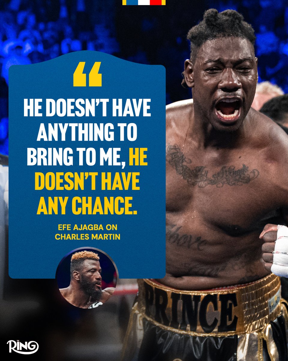 ringmagazine's tweet photo. Efe Ajagba tells The Ring that Charles Martin doesn't have any chance when they fight tomorrow night in the main event of Zuffa Boxing 03 in Las Vegas 😳

Sign up today, make your picks, and compete for a chance at exclusive prizes ➡️ https://t.co/U1n3hlpo29

See game rules and terms & conditions for details.