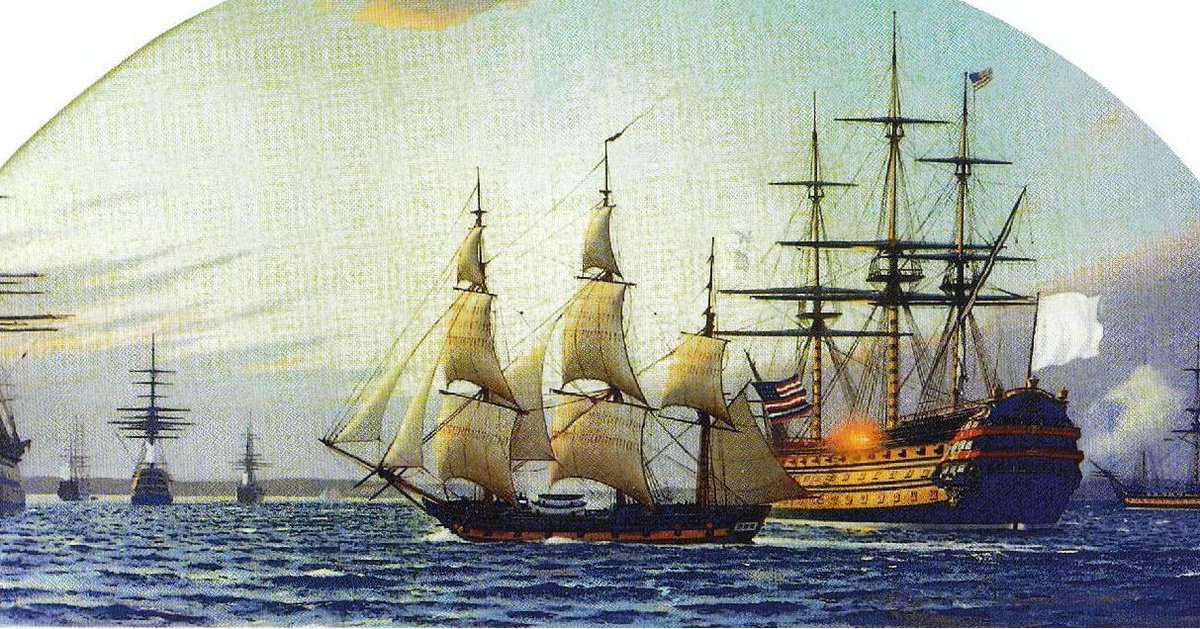 NavalInstitute's tweet photo. #OTD in 1778, the Stars and Stripes received its first formal recognition from a foreign warship when the French ship of the line Robuste gave a nine-gun salute to the new U.S. flag flying on USS Ranger under the command of John Paul Jones. https://t.co/BwyMGfk0rD