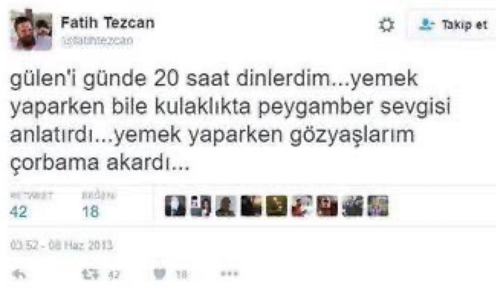Mustafa Kemal Atatürk’e ateist diyen Fatih Tezcan’ın,

Fetullah Gülen için attığı destek tweeti.