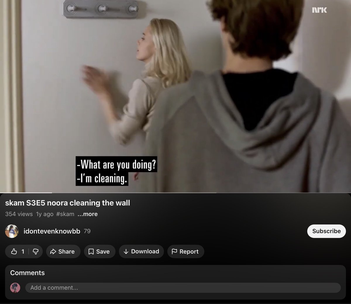 bigbigblfan's tweet photo. The fact that there is a youtube video of Noora cleaning the wall is hilarious for me😭 #skam #noora #sramhr https://t.co/3g6GCuiGEk
