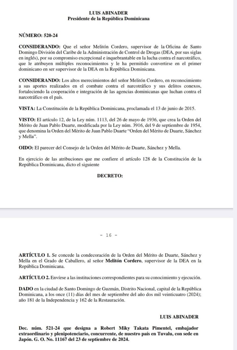Mediante decreto 520-24 el presidente <a href="/luisabinader/">Luis Abinader</a> concedió la orden del mérito de Duarte, Sánchez y Mella, vaya que cosa, pero Melitón entendió que eran los Duarte, Sánchez y Mella que estaban en los billetes.

Le dieron el reconocimiento por ser el primer dominicano en ser el