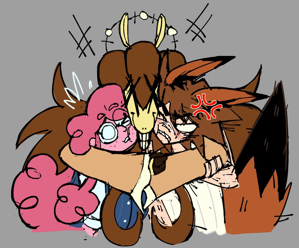 hi guys sorry for the lack of art i've been busy with a project that i just finished putting the voicelines together for!! and for that i have a doodle of the three main characters in it :3